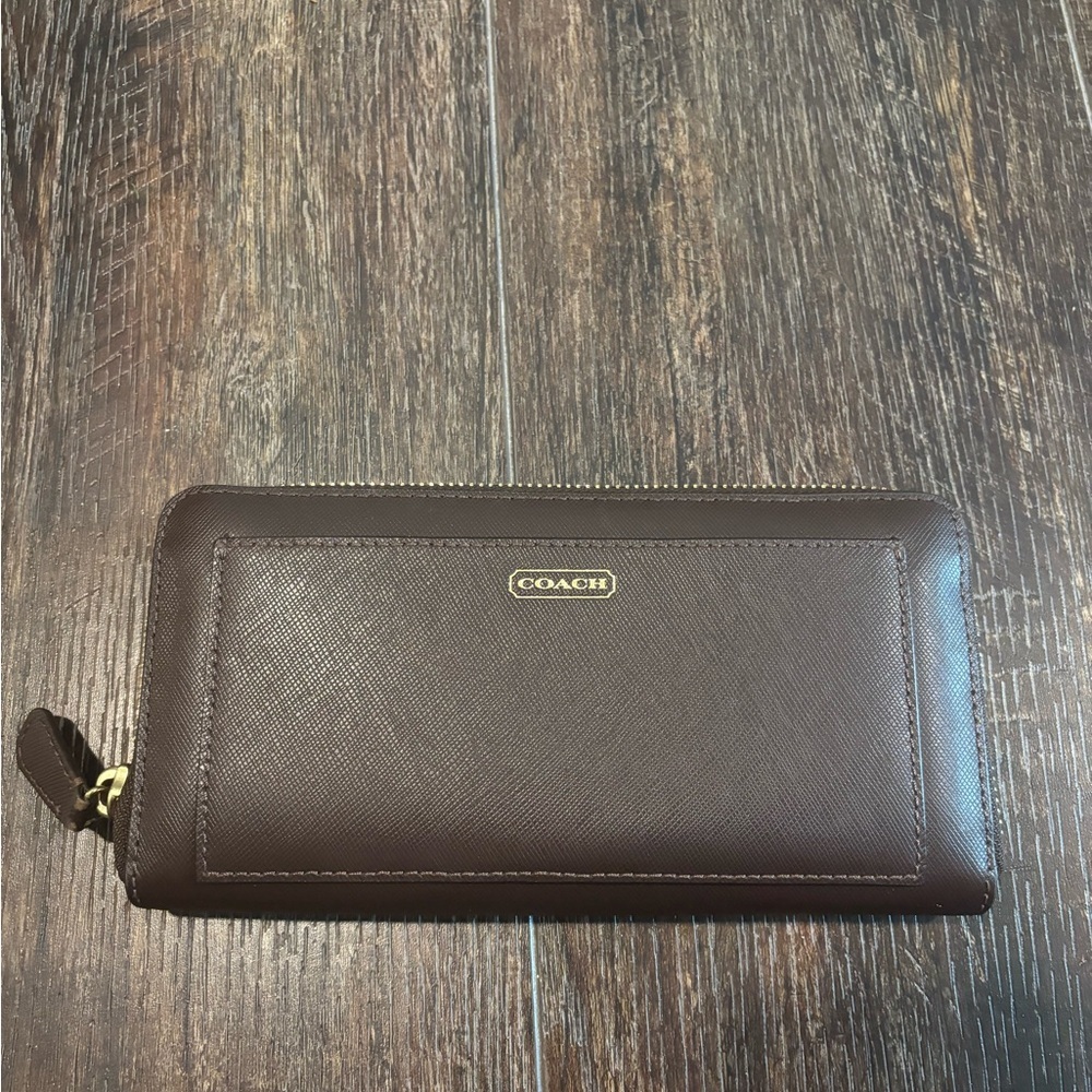 Coach Brown Saffiano Leather Zip Wallet with Gold Hardware